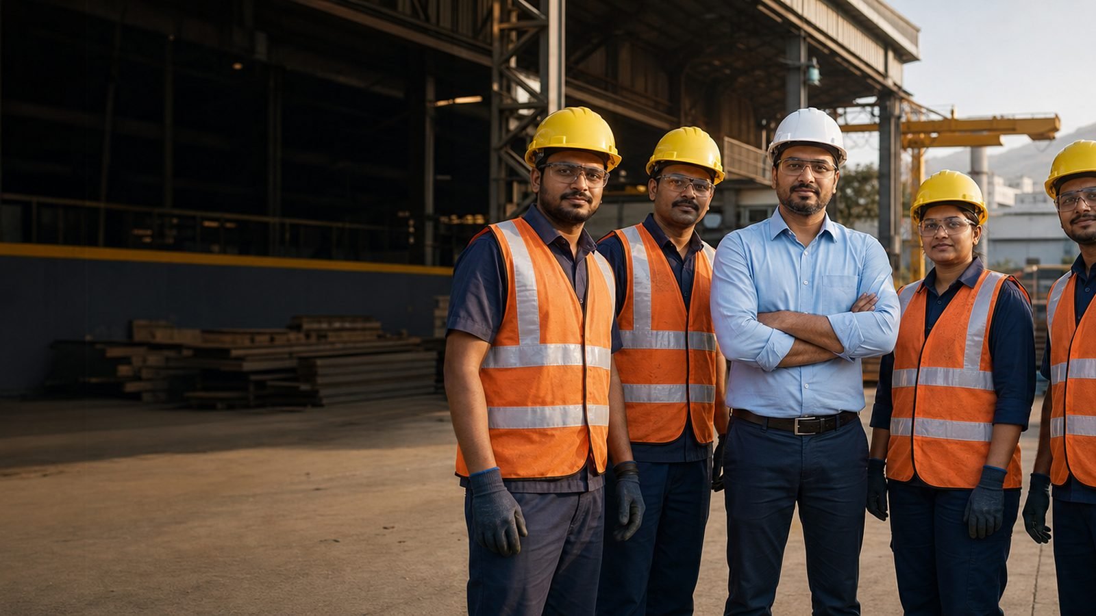 Indian industrial workforce wearing appropriate safety equipment